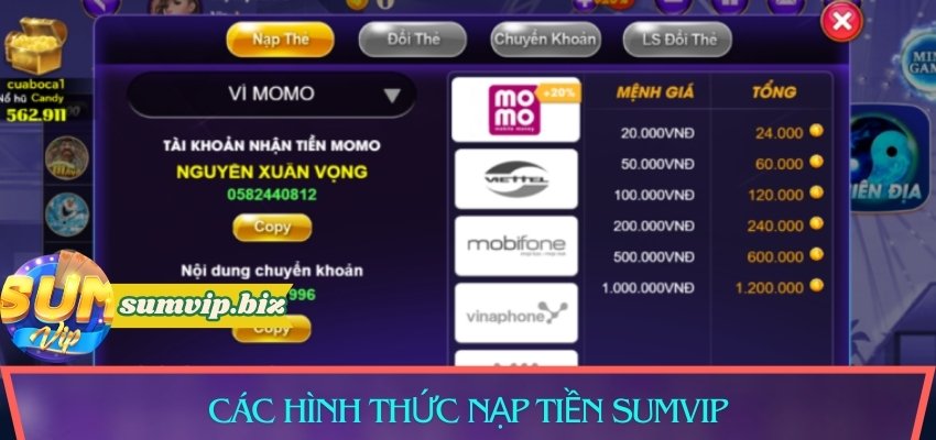 Hướng dẫn nạp tiền Sumvip chi tiết qua nhiều hình thức