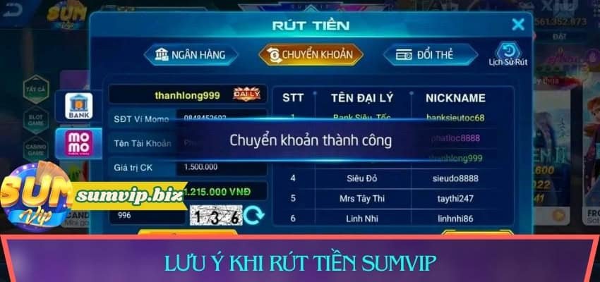 Khi thực hiện rút tiền Sumvip cần lưu ý